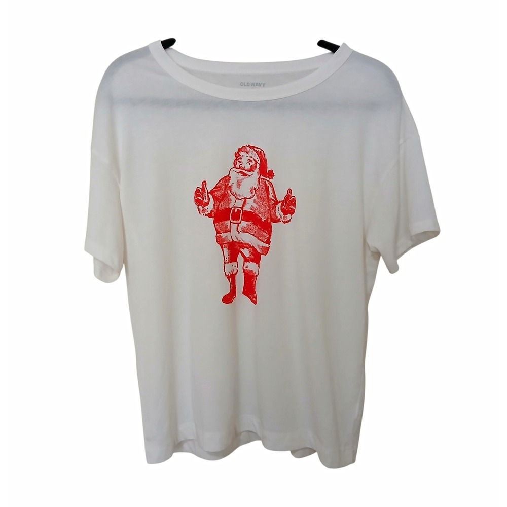 Old Navy Women's Santa Claus Graphic T-Shirt White Red Scoop Neck Sz M